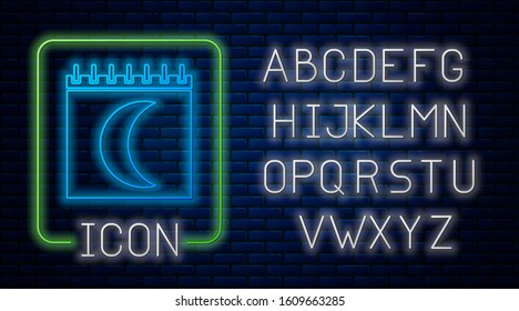 Glowing neon Moon phases calendar icon isolated on brick wall background. Neon light alphabet. Vector Illustration