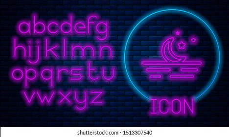 Glowing neon Moon and stars icon isolated on brick wall background. Neon light alphabet. Vector Illustration