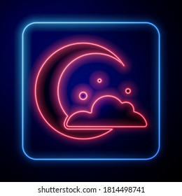 Glowing neon Moon and stars icon isolated on blue background. Cloudy night sign. Sleep dreams symbol. Night or bed time sign.  Vector
