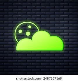 Glowing neon Moon and stars icon isolated on brick wall background. Cloudy night sign. Sleep dreams symbol. Full moon. Night or bed time sign.  Vector