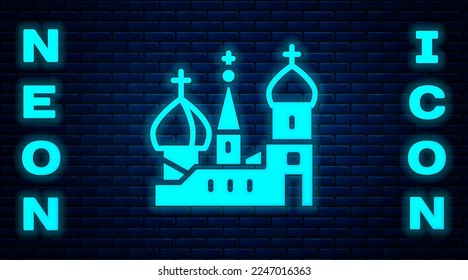 Glowing neon Moscow symbol - Saint Basil's Cathedral, Russia icon isolated on brick wall background.  Vector
