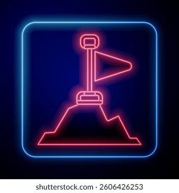Glowing neon Mountains with flag on top icon isolated on black background. Symbol of victory or success concept. Goal achievement.  Vector