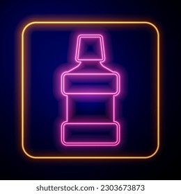 Glowing neon Mouthwash plastic bottle icon isolated on black background. Liquid for rinsing mouth. Oralcare equipment.  Vector