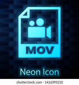 Glowing neon MOV file document icon. Download mov button icon isolated on brick wall background. MOV file symbol. Audio and video collection. Vector Illustration