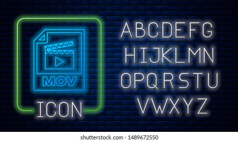 Glowing neon MOV file document. Download mov button icon isolated on brick wall background. MOV file symbol. Audio and video collection. Neon light alphabet. Vector Illustration