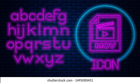 Glowing neon MOV file document. Download mov button icon isolated on brick wall background. MOV file symbol. Audio and video collection. Neon light alphabet. Vector Illustration