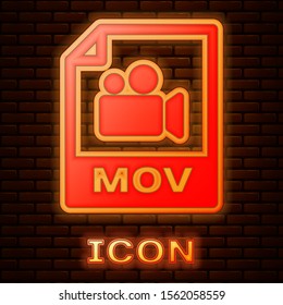 Glowing neon MOV file document. Download mov button icon isolated on brick wall background. MOV file symbol. Audio and video collection.  Vector Illustration