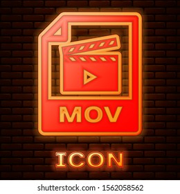 Glowing neon MOV file document. Download mov button icon isolated on brick wall background. MOV file symbol. Audio and video collection.  Vector Illustration