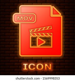 Glowing neon MOV file document. Download mov button icon isolated on brick wall background. MOV file symbol. Audio and video collection.  Vector Illustration