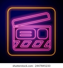 Glowing neon Movie clapper icon isolated on black background. Film clapper board. Clapperboard sign. Cinema production or media industry.  Vector