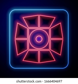 Glowing neon Movie spotlight icon isolated on blue background. Light Effect. Scene, Studio, Show.  Vector Illustration