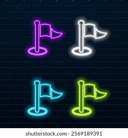 Glowing neon moving location symbol icon abstract background.