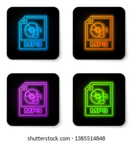 Glowing neon MP3 file document icon. Download mp3 button icon isolated on white background. Mp3 music format sign. MP3 file symbol. Black square button. Vector Illustration