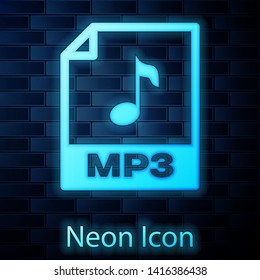 Glowing neon MP3 file document icon. Download mp3 button icon isolated on brick wall background. Mp3 music format sign. MP3 file symbol. Vector Illustration