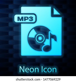 Glowing neon MP3 file document. Download mp3 button icon isolated on brick wall background. Mp3 music format sign. MP3 file symbol.  Vector Illustration