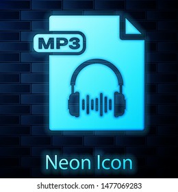 Glowing neon MP3 file document. Download mp3 button icon isolated on brick wall background. Mp3 music format sign. MP3 file symbol.  Vector Illustration