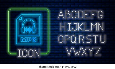 Glowing neon MP3 file document. Download mp3 button icon isolated on brick wall background. Mp3 music format sign. MP3 file symbol. Neon light alphabet. Vector Illustration