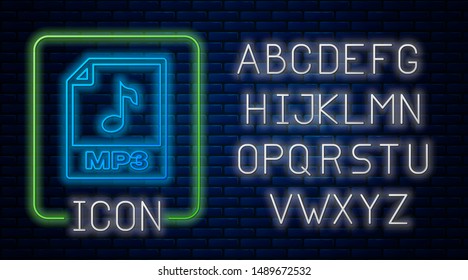 Glowing neon MP3 file document. Download mp3 button icon isolated on brick wall background. Mp3 music format sign. MP3 file symbol. Neon light alphabet. Vector Illustration