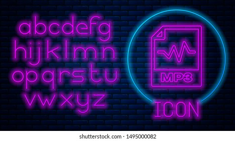 Glowing neon MP3 file document. Download mp3 button icon isolated on brick wall background. Mp3 music format sign. MP3 file symbol. Neon light alphabet. Vector Illustration