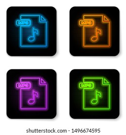 Glowing neon MP3 file document. Download mp3 button icon isolated on white background. Mp3 music format sign. MP3 file symbol. Black square button. Vector Illustration