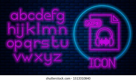 Glowing neon MP3 file document. Download mp3 button icon isolated on brick wall background. Mp3 music format sign. MP3 file symbol. Neon light alphabet. Vector Illustration