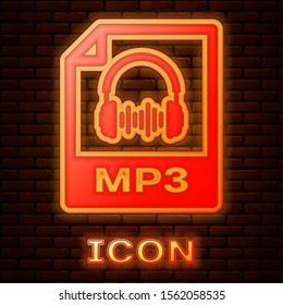 Glowing neon MP3 file document. Download mp3 button icon isolated on brick wall background. Mp3 music format sign. MP3 file symbol.  Vector Illustration