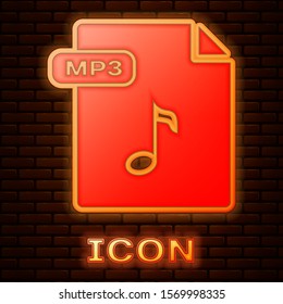 Glowing neon MP3 file document. Download mp3 button icon isolated on brick wall background. Mp3 music format sign. MP3 file symbol.  Vector Illustration