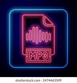 Glowing neon MP3 file document. Download mp3 button icon isolated on black background. Mp3 music format sign. MP3 file symbol.  Vector