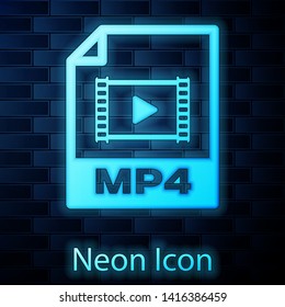 Glowing neon MP4 file document icon. Download mp4 button icon isolated on brick wall background. MP4 file symbol. Vector Illustration