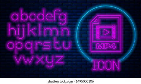 Glowing neon MP4 file document. Download mp4 button icon isolated on brick wall background. MP4 file symbol. Neon light alphabet. Vector Illustration