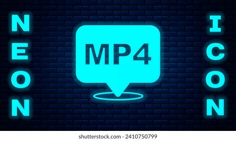 Glowing neon MP4 file document. Download mp4 button icon isolated on brick wall background. MP4 file symbol.  Vector
