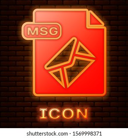 Glowing neon MSG file document. Download msg button icon isolated on brick wall background. MSG file symbol.  Vector Illustration