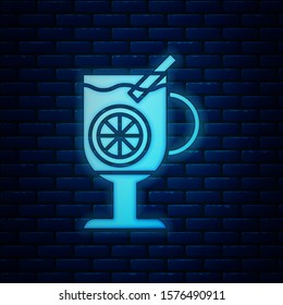 Glowing neon Mulled wine with glass of drink and ingredients icon isolated on brick wall background. Cinnamon stick, clove, lemon slice.  Vector Illustration