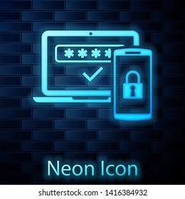Glowing Neon Multi Factor, Two Steps Authentication Icon Isolated On Brick Wall Background. Vector Illustration