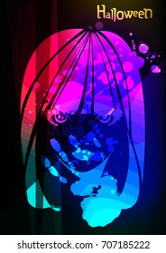 Glowing, neon, multicolored, gloomy poster for the Halloween party on October 31st. A poster with the face of a girl, a spray of a brush. Bright invitation card, postcard, signboard