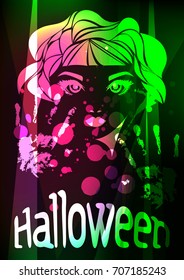 Glowing, neon, multicolored, gloomy poster for the Halloween party on October 31st. A poster with the face of a girl, a spray of a brush. Bright invitation card, postcard, signboard
