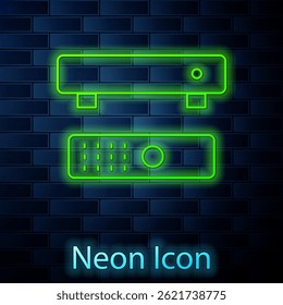 Glowing neon Multimedia and TV box receiver and player with remote controller icon isolated on brick wall background.  Vector