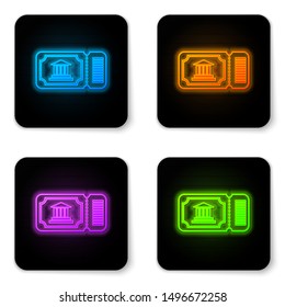 Glowing neon Museum ticket icon isolated on white background. History museum ticket coupon event admit exhibition excursion. Black square button. Vector Illustration