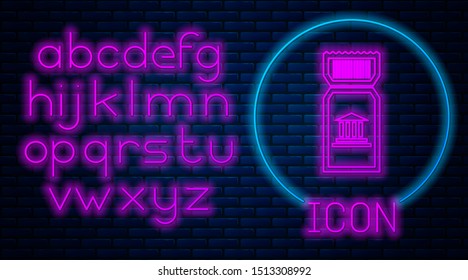 Glowing neon Museum ticket icon isolated on brick wall background. History museum ticket coupon event admit exhibition excursion. Neon light alphabet. Vector Illustration