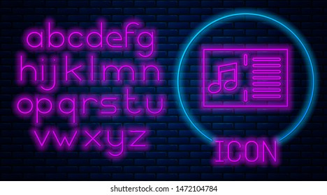 Glowing neon Music book with note icon isolated on brick wall background. Music sheet with note stave. Notebook for musical notes. Neon light alphabet. Vector Illustration