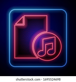 Glowing neon Music book with note icon isolated on blue background. Music sheet with note stave. Notebook for musical notes.  Vector Illustration