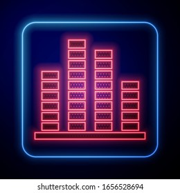 Glowing neon Music equalizer icon isolated on blue background. Sound wave. Audio digital equalizer technology, console panel, pulse musical.  Vector Illustration