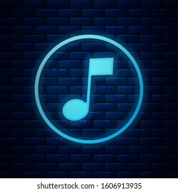 Glowing neon Music note, tone icon isolated on brick wall background.  Vector Illustration