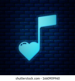 Glowing neon Music note, tone with hearts icon isolated on brick wall background. Valentines day.  Vector Illustration