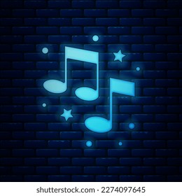 Glowing neon Music note, tone icon isolated on brick wall background.  Vector