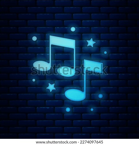 Glowing neon Music note, tone icon isolated on brick wall background.  Vector