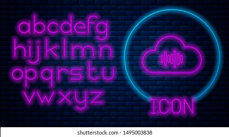 Glowing neon Music streaming service icon isolated on brick wall background. Sound cloud computing, online media streaming, online song, audio wave. Neon light alphabet. Vector Illustration