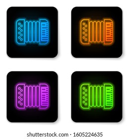 Glowing neon Musical instrument accordion icon isolated on white background. Classical bayan, harmonic. Black square button. Vector Illustration