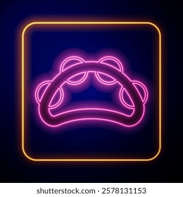 Glowing neon Musical instrument percussion tambourine, with metal plates icon isolated on black background.  Vector