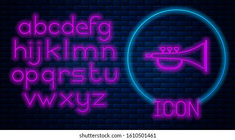 Glowing neon Musical instrument trumpet icon isolated on brick wall background. Neon light alphabet. Vector Illustration
